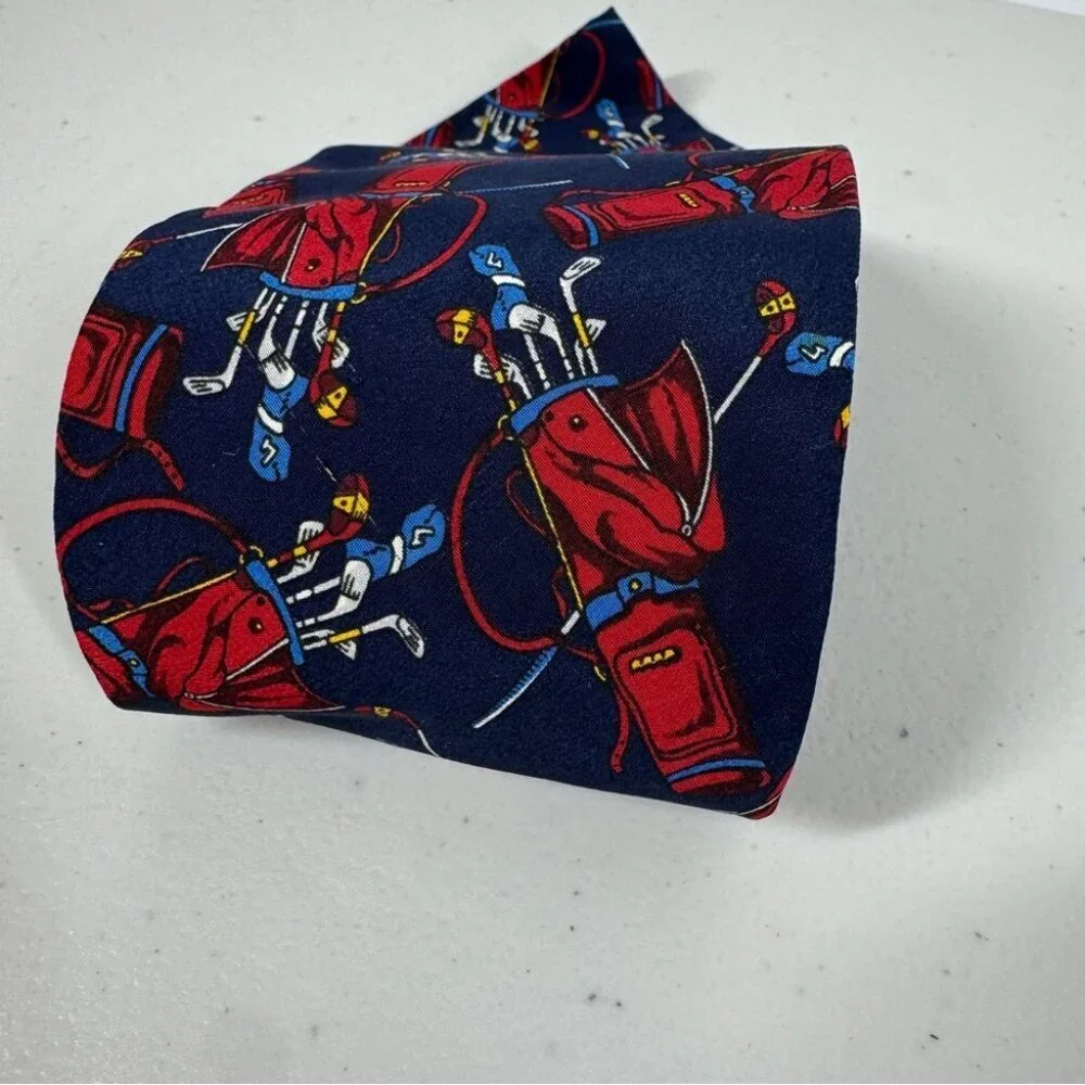 Arturo Nucci Silk Golf Novelty Tie Navy Red Golf Bag Print Necktie Funky Style